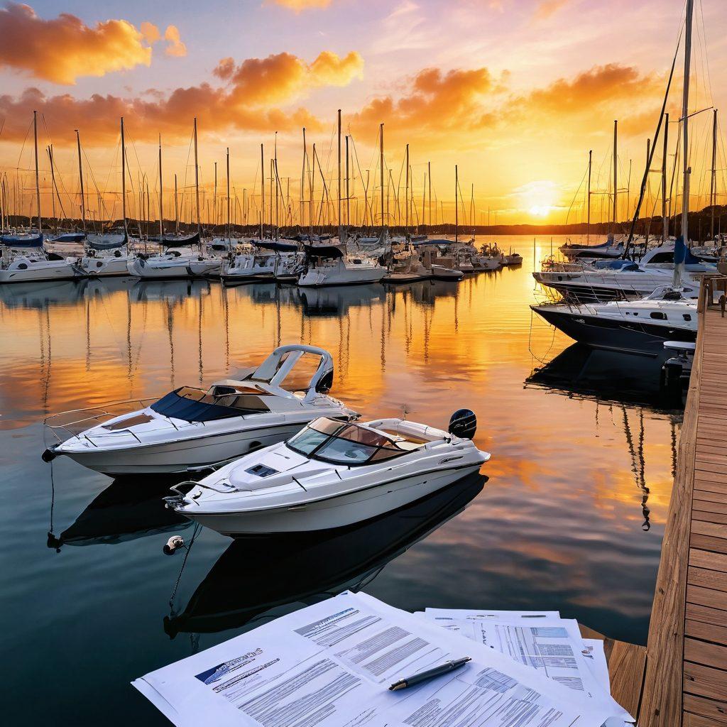 A serene marina at sunset, showcasing a variety of colorful watercraft including sailboats, yachts, and jet skis. In the foreground, a meticulously detailed insurance policy document floats on the water, symbolizing protection. Gentle waves reflect the warm hues of the sky, while a couple examines their insurance papers on a nearby dock. super-realistic. vibrant colors. 3D.