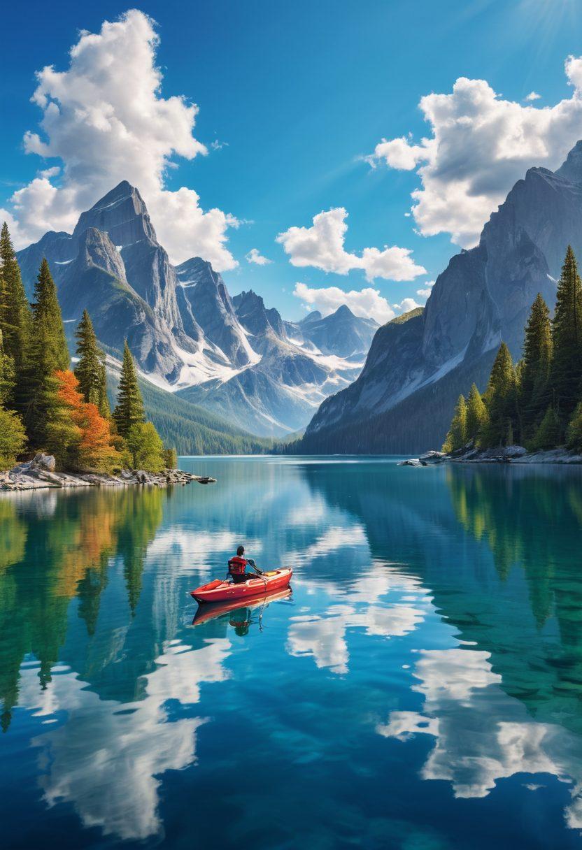 A vibrant scene showcasing various types of watercraft including a kayak, a sailboat, and a jet ski, all afloat on a crystal-clear lake surrounded by mountains. In the foreground, a confident individual is examining a comprehensive insurance policy. The sky is bright blue, dotted with fluffy clouds, enhancing the feeling of adventure and safety. Artistic style: super-realistic, vibrant colors, bright daylight.