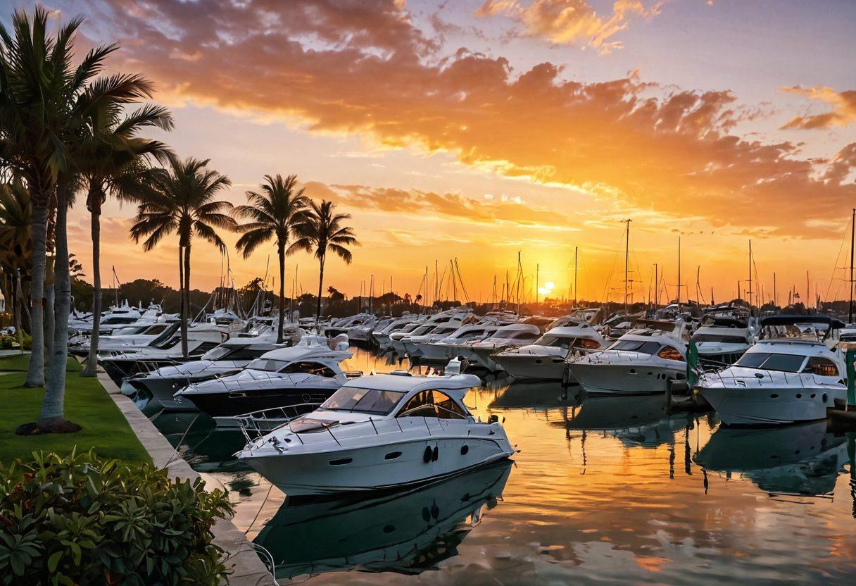 A beautiful marina scene showcasing a variety of marine vessels, including luxurious yachts and sleek fishing boats. The sun is setting, casting a golden glow over the water, with waves gently lapping against the hulls. In the foreground, a friendly insurance agent discusses policies with a couple interested in their marine needs, highlighting the human connection in the insurance process. Lush greenery and palm trees frame the background, creating a vibrant and inviting atmosphere. super-realistic. vibrant colors. sunset ambiance.